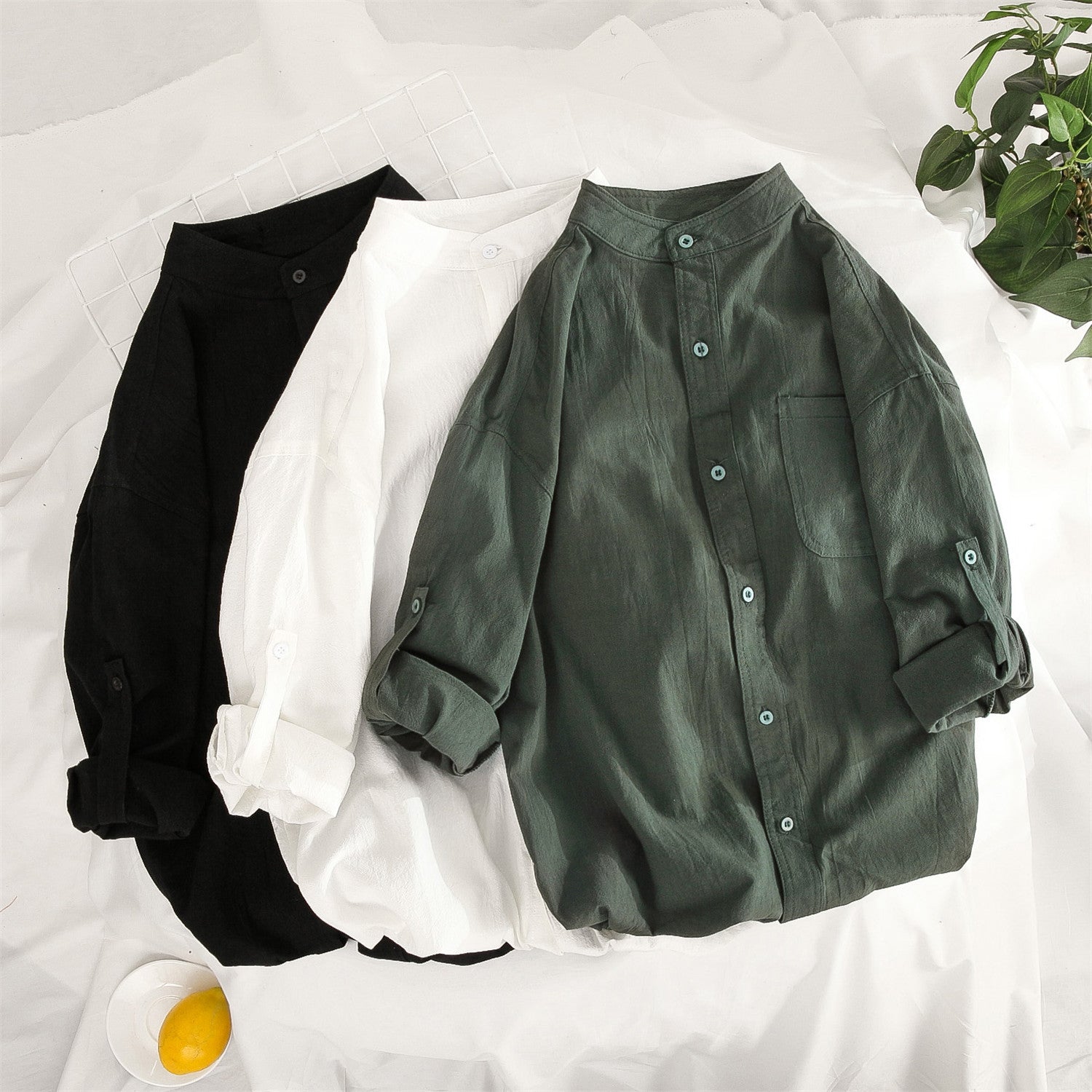 Band-Collar Mid-length Sleeve Shirt