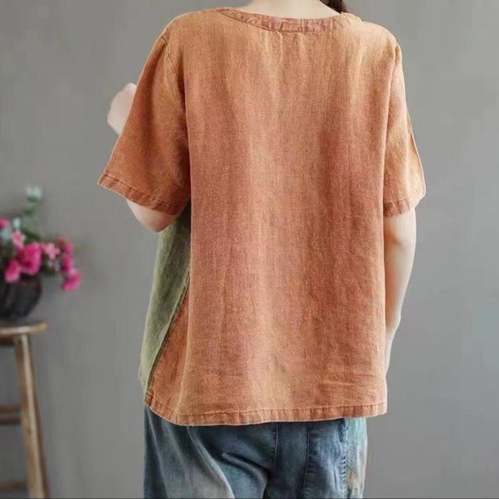 Linen Contrast Color Artistic Half-Sleeve Shirt