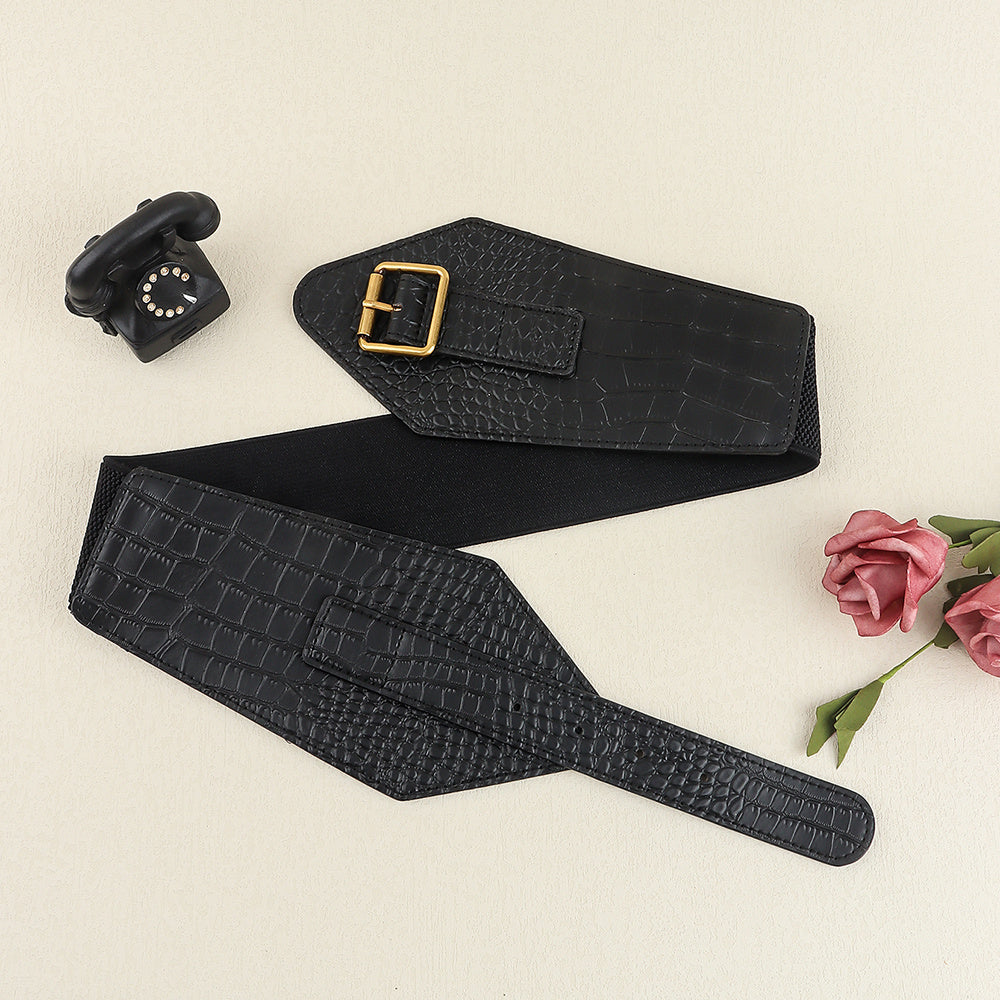 Needle Buckle Wide Elastic Belt Alligator Texture