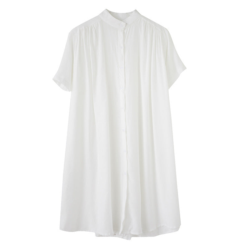 Mid-length Band Collar Short Sleeve Shirt / Shirtdress