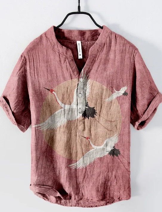 Japanese Graphic Stand Collar Short Sleeve Shirt
