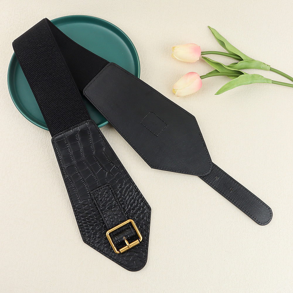 Needle Buckle Wide Elastic Belt Alligator Texture