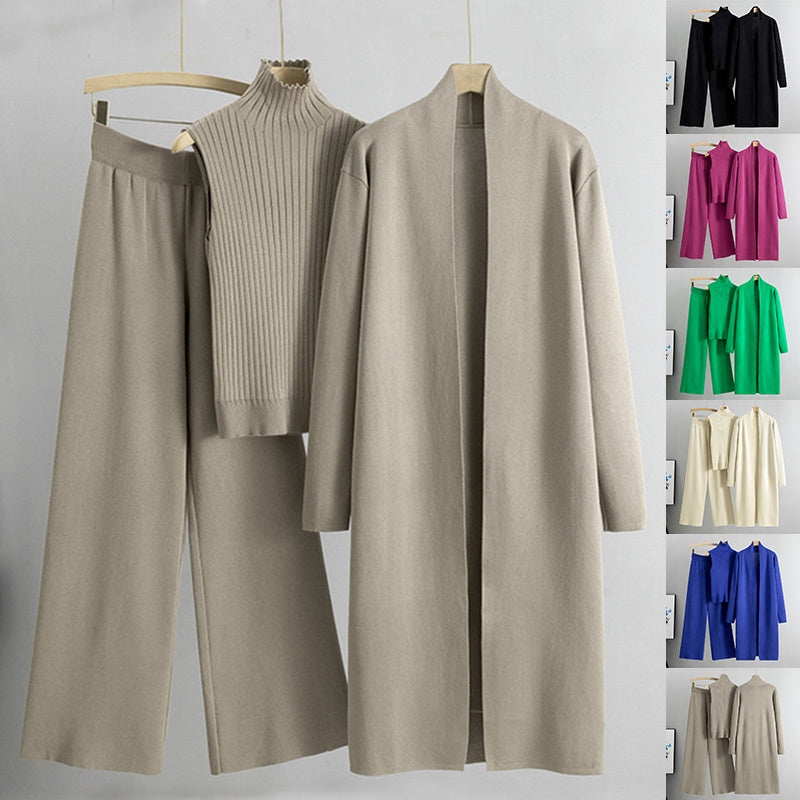 3-Piece Sleeveless Vest Long Cardigan And Wide-leg Pants - Knitted