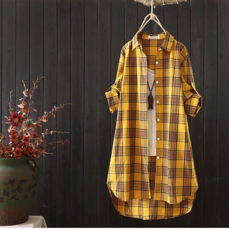 Mid-length Loose Long Sleeve  Plaid Shirt