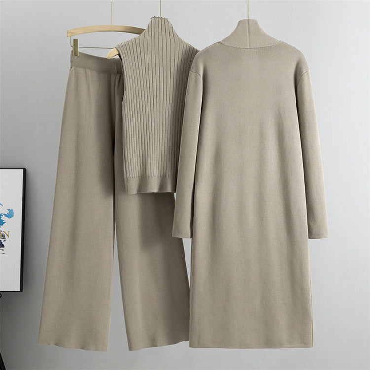 3-Piece Sleeveless Vest Long Cardigan And Wide-leg Pants - Knitted
