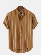Simple Fashion Striped Men's Stand Collar Short Sleeve Shirt Men