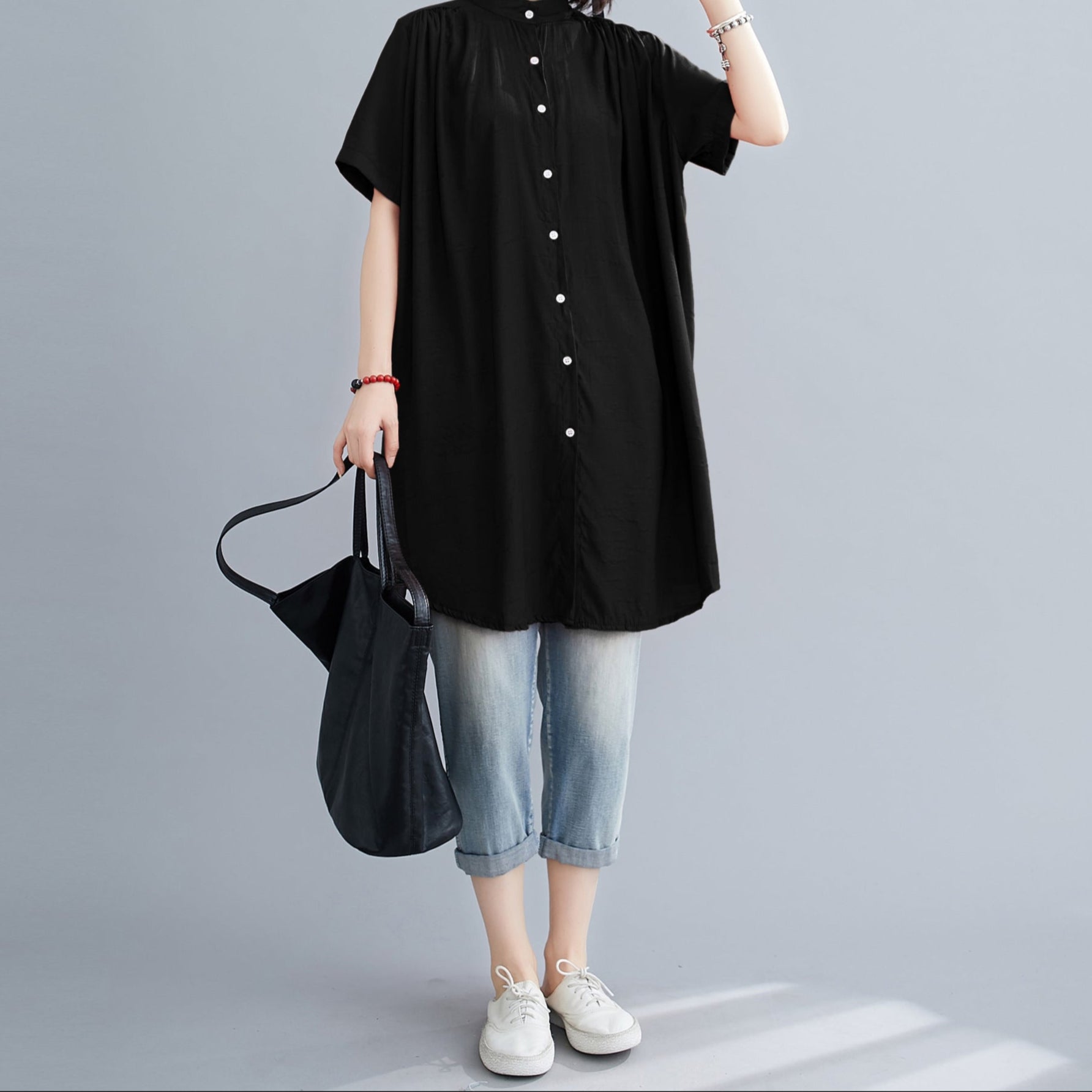 Mid-length Band Collar Short Sleeve Shirt / Shirtdress