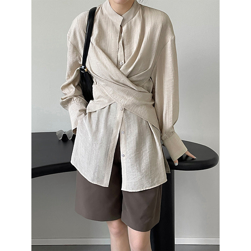 Standing Collar Cross Tie Waist Top