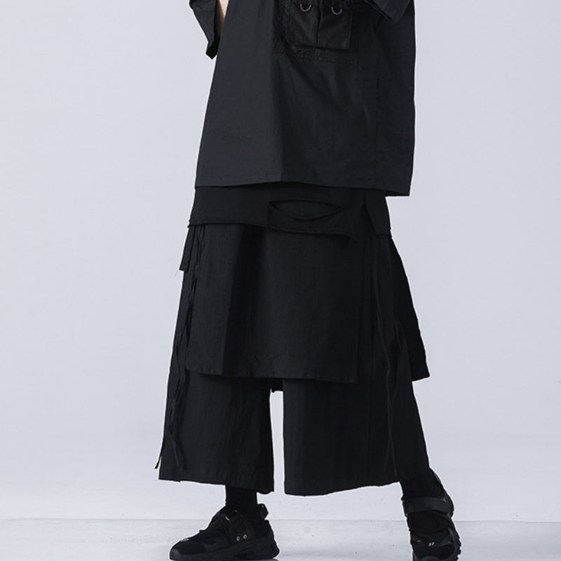 Black Linen Multi-Layered Wide Leg Pants