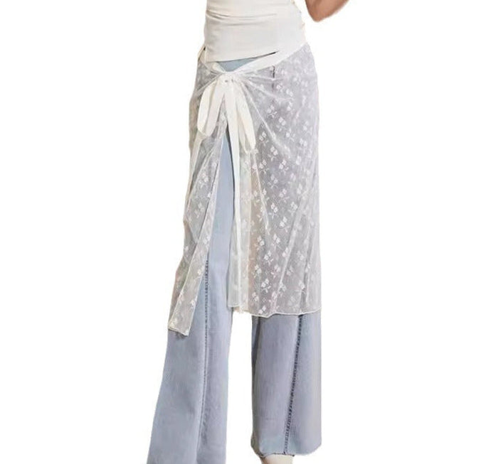 Lace Trim Multilayer Tie-on Skirt