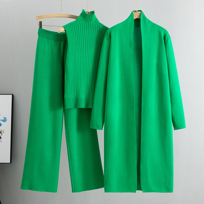 3-Piece Sleeveless Vest Long Cardigan And Wide-leg Pants - Knitted