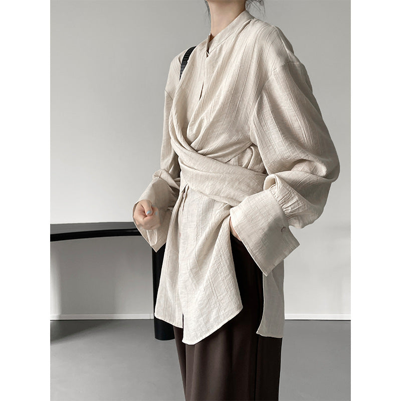 Standing Collar Cross Tie Waist Top