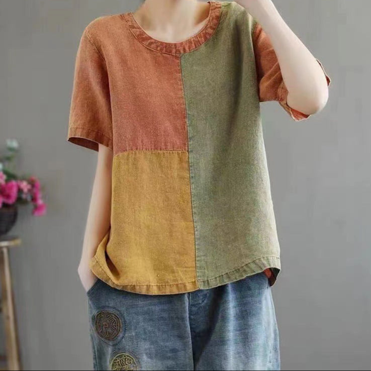 Linen Contrast Color Artistic Half-Sleeve Shirt