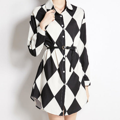 Lattice Print Lapel Long Shirt/Skirt