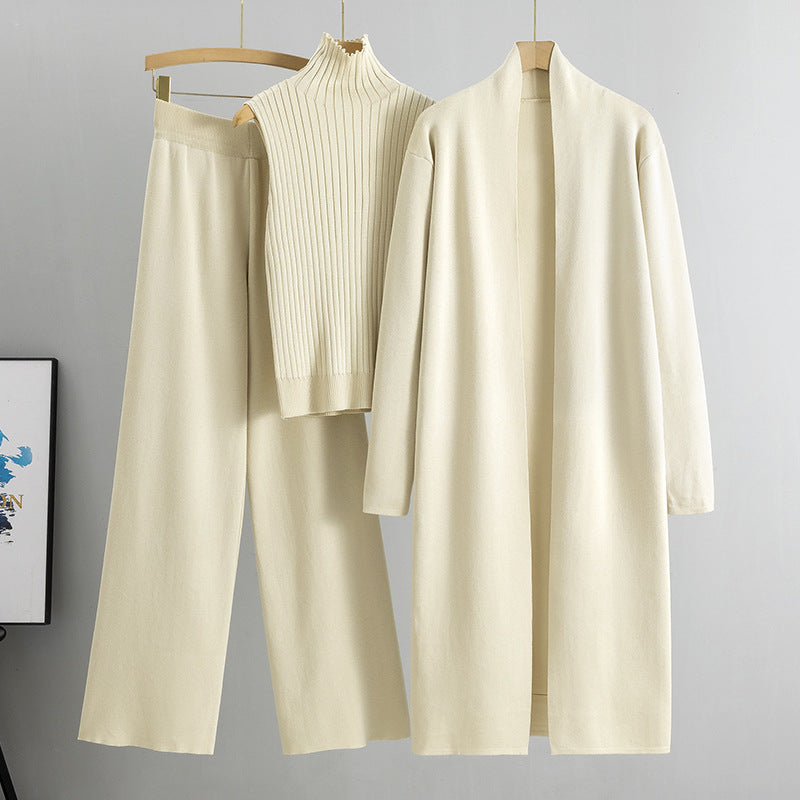 3-Piece Sleeveless Vest Long Cardigan And Wide-leg Pants - Knitted