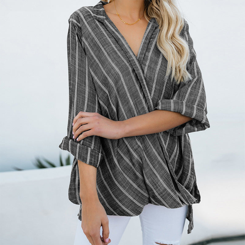 Japanese Style Striped Linen Long Sleeve Blouse