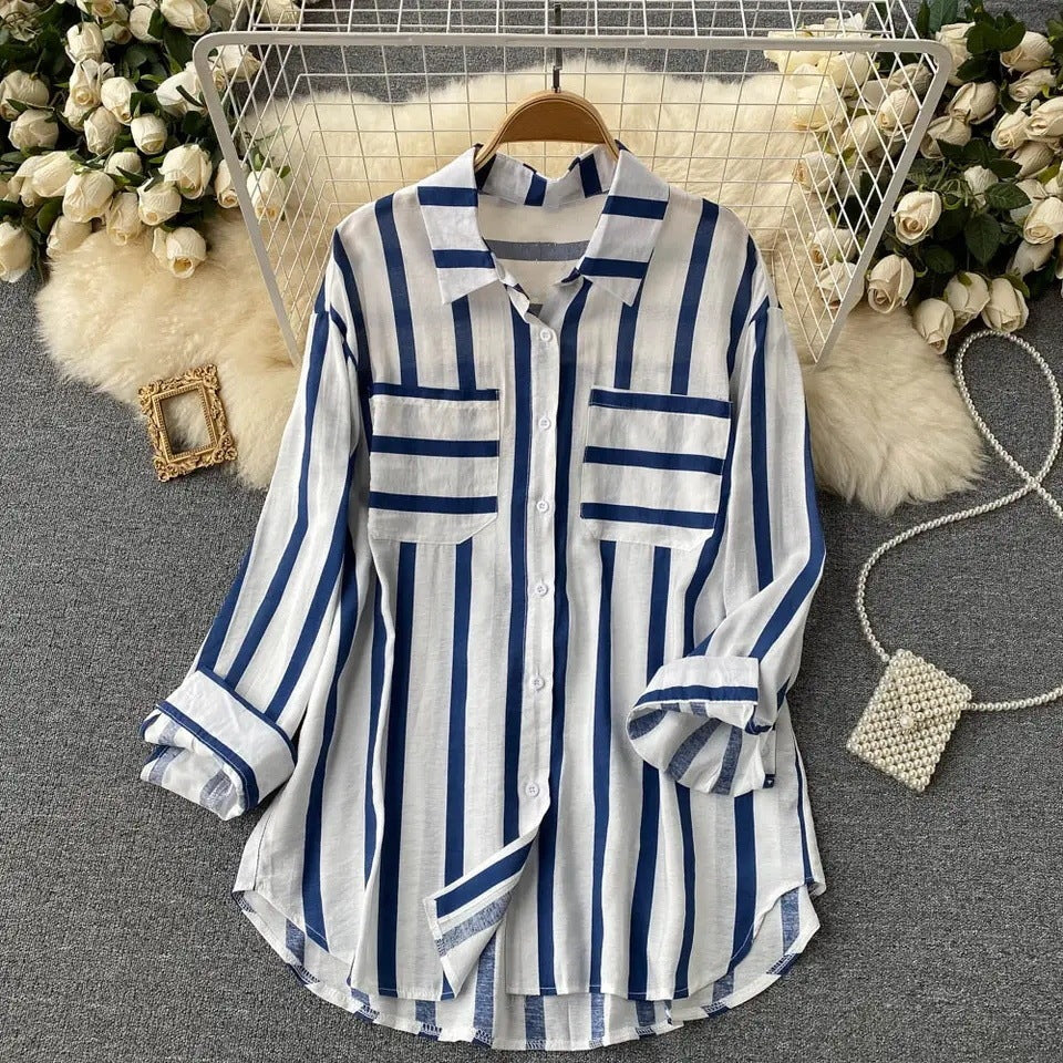 Translucent Mid-length Vertical Stripes Shirt
