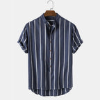 Simple Fashion Striped Men's Stand Collar Short Sleeve Shirt Men