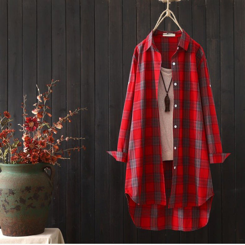 Mid-length Loose Long Sleeve  Plaid Shirt
