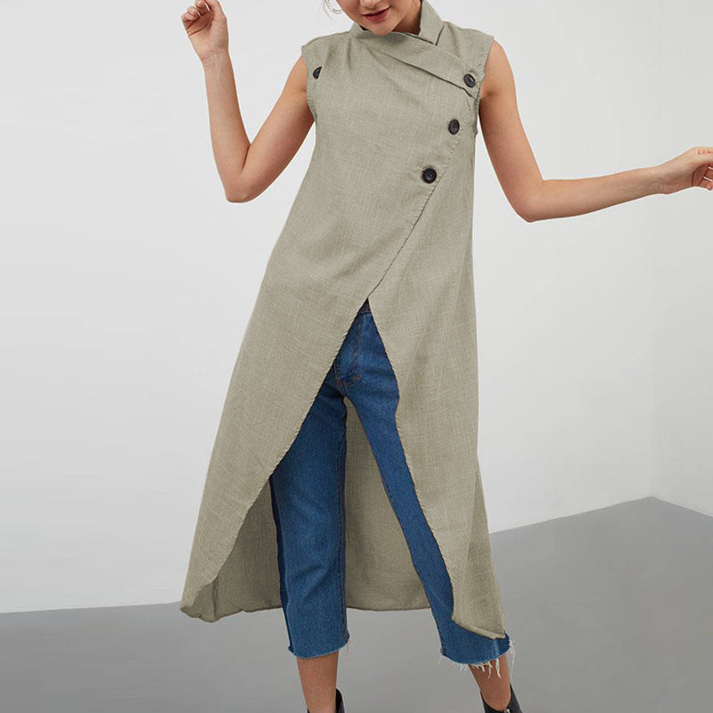 Tall Collar Large Button Sleeveless Irregular Cardigan