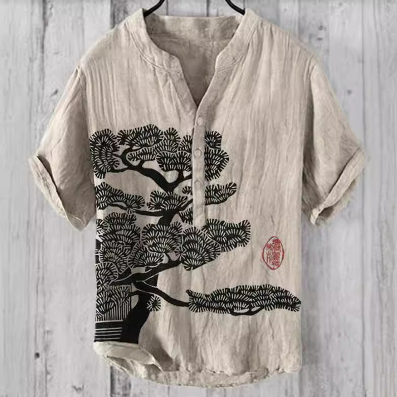 Japanese Graphic Stand Collar Short Sleeve Shirt