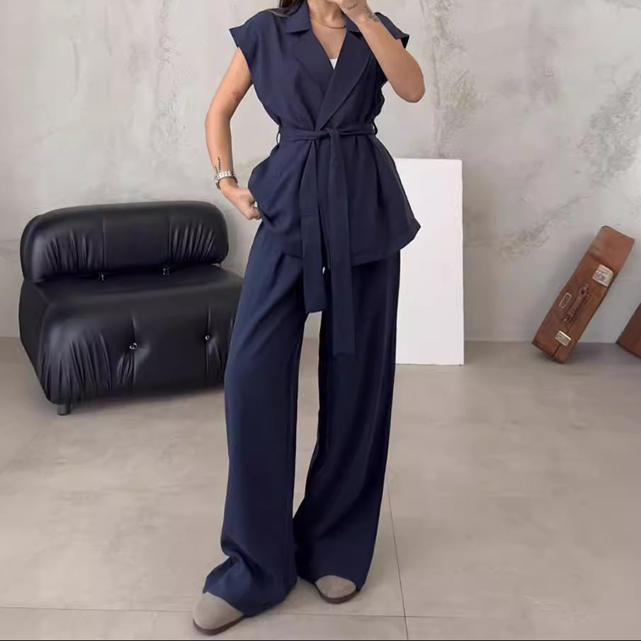 Sleeveless Oversize Lace-up Vest & High Waist Trousers Suit